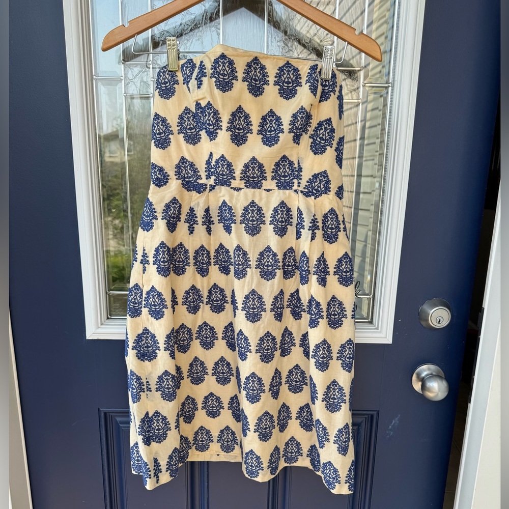 J. Crew Blue and Cream Strapless Bubble Dress